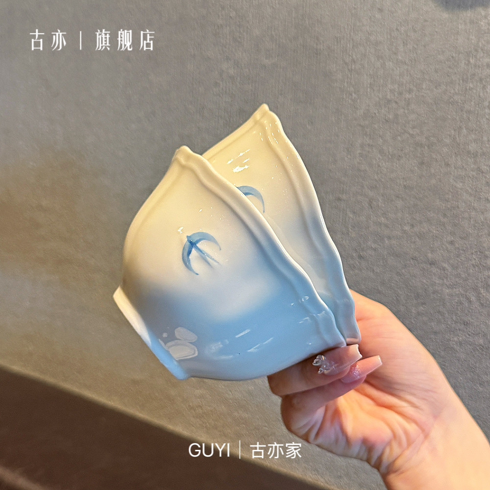 「老板娘自留」日式复古手绘燕子浮雕米饭碗釉下彩陶瓷餐具布丁碗