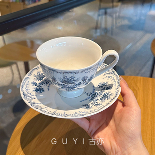 随手拍出的美！法式复古咖啡杯碟套装蓝白碎花经典陶瓷摄政红茶杯