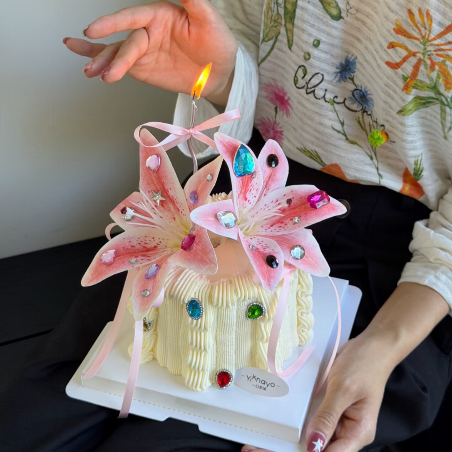 网红ins风百合花蛋糕装饰钻石爱心摆件氛围感女神仙女生日装扮