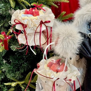 2026圣诞节新年草莓花束蛋糕装饰褶皱围边蝴蝶结丝带甜品烘焙装扮