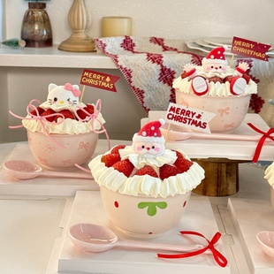2026圣诞节快乐奶油草莓碗蛋糕装饰插旗圣诞老人蝴蝶结陶瓷碗装扮