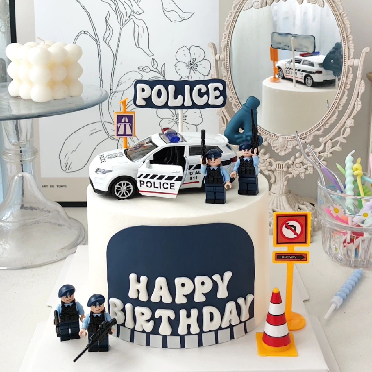 警车蛋糕装饰摆件积木警察