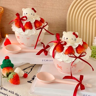 2026网红圣诞节kt猫蝴蝶结陶瓷碗蛋糕装饰helloKitty草莓蛋糕碗