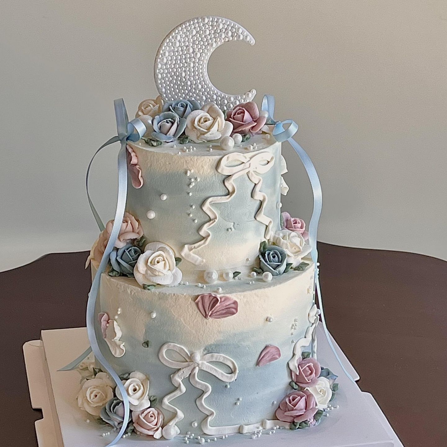 珍珠月亮蛋糕装饰插件仿真玫瑰花丝带女神女生生日甜品台装扮插件