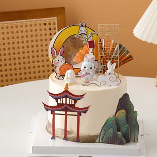 2025中秋节小兔子蛋糕装饰摆件中式木质扇子山云亭甜品台装扮配件