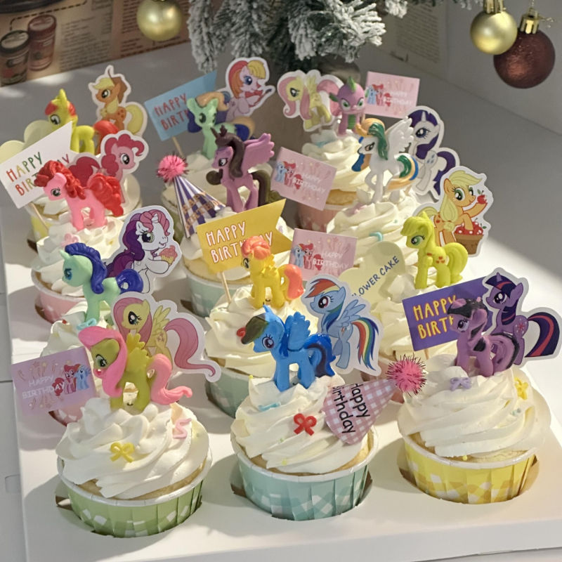 卡通小马宝莉格子纸杯蛋糕装饰彩虹独角兽小马插旗女孩生日烘焙
