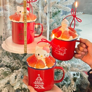 圣诞节红色搪瓷杯茶缸茶杯蛋糕装饰圣诞老人雪人kt猫草莓杯蛋糕杯