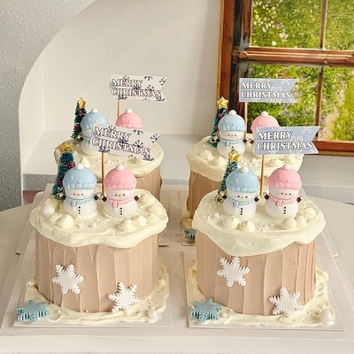 2026圣诞节立体小雪人蛋糕装饰圣诞快乐插旗雪花圣诞树甜品台插件