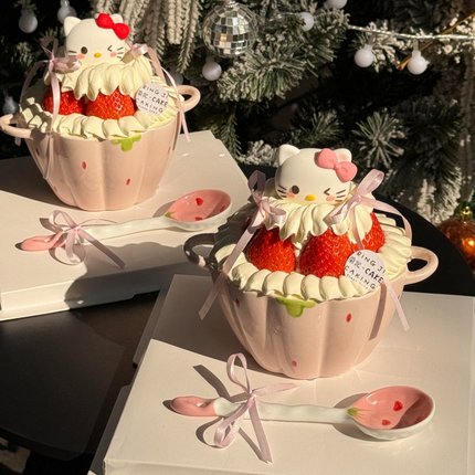 2026圣诞节双耳草莓碗蛋糕装饰Hellokitty陶瓷碗奶油甜品碗烘焙