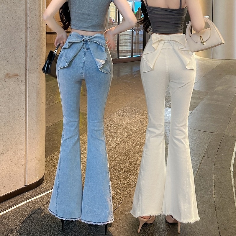 刘亦菲同款辣妹立体蝴蝶结牛仔裤女春夏修身显瘦高腰毛边微喇裤子