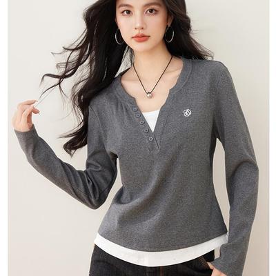 灰色假两件v领T恤女春秋新款