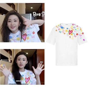 t恤女潮 郑合惠子明星同款 上衣夏季 彩色涂鸦印花白色宽松薄款 短袖