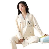 春秋季 家居服套装 纯棉长袖 秋冬天全棉大码 新款 带胸垫睡衣女款