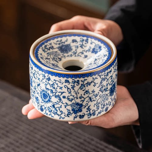 国风汝窑茶渣缸烟灰缸防飞灰繁花茶洗陶瓷水盂杯洗家用茶具配件