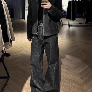 美式cleanfit蛇迹A字原牛窄幅赤耳提花拼接微喇牛仔裤男女显瘦潮