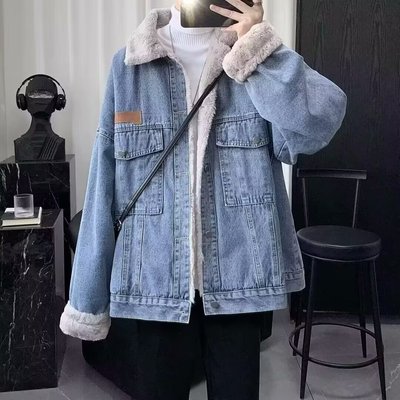 加绒加厚牛仔外套男女冬季美式复古工装ins羊羔棉服潮牌情侣棉袄