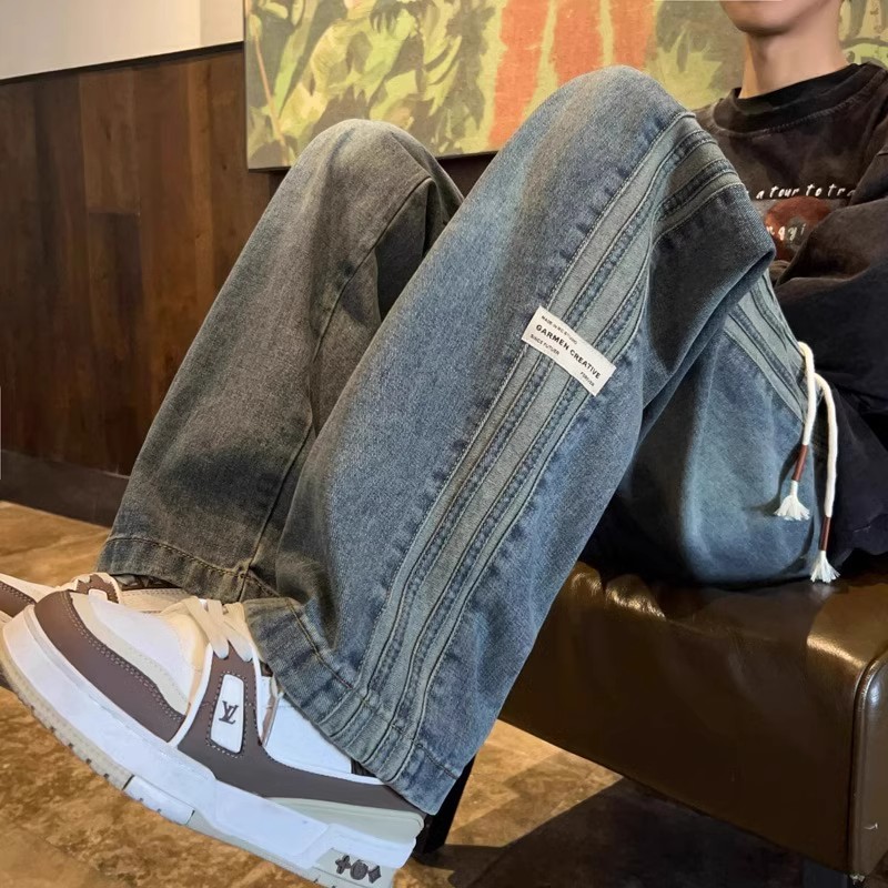 美式高街牛仔裤男春秋季复古条纹