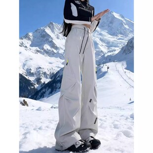 雪地防寒加绒滑雪裤男女秋冬美式褶皱伞兵工装裤子户外登山冲锋裤