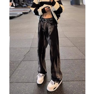 美式drill黑色扎染牛仔裤男款潮牌秋冬痞帅炸街微喇裤直筒弯刀裤