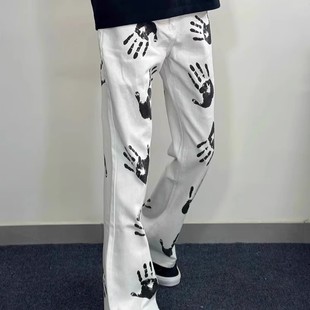 白色手掌满印微喇牛仔裤潮牌痞帅炸街裤子hiphop美式高街直筒长裤