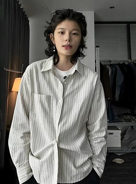日系复古竖条纹长袖衬衫叠穿外搭
