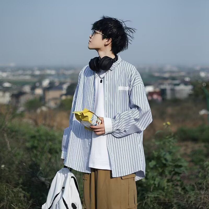 蓝色条纹长袖衬衫男女生春秋季新款百搭宽松潮牌休闲学生防晒衬衣