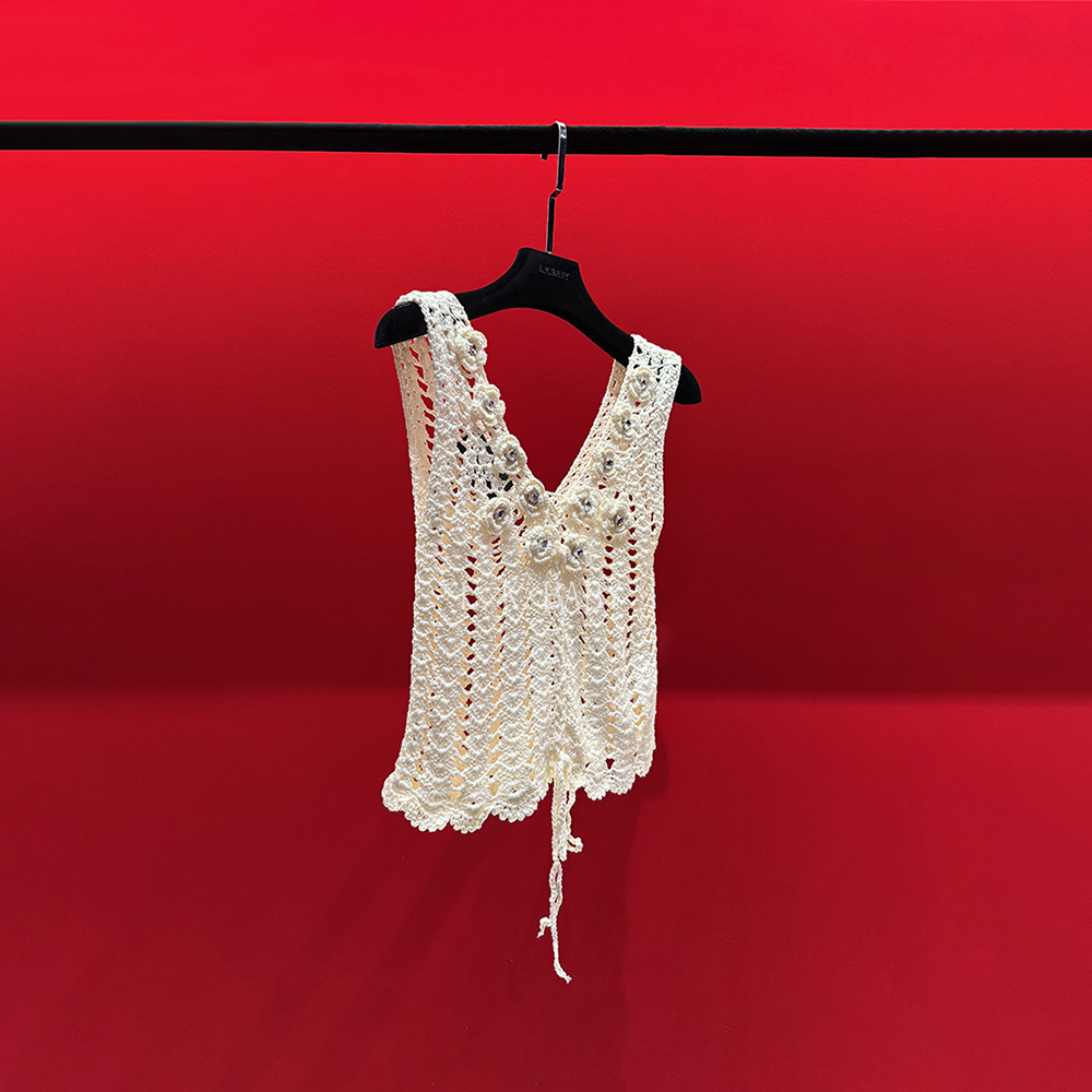 【L.K.BABY】怦然心动  纯欲甜美手工钩花镂空V领针织背心