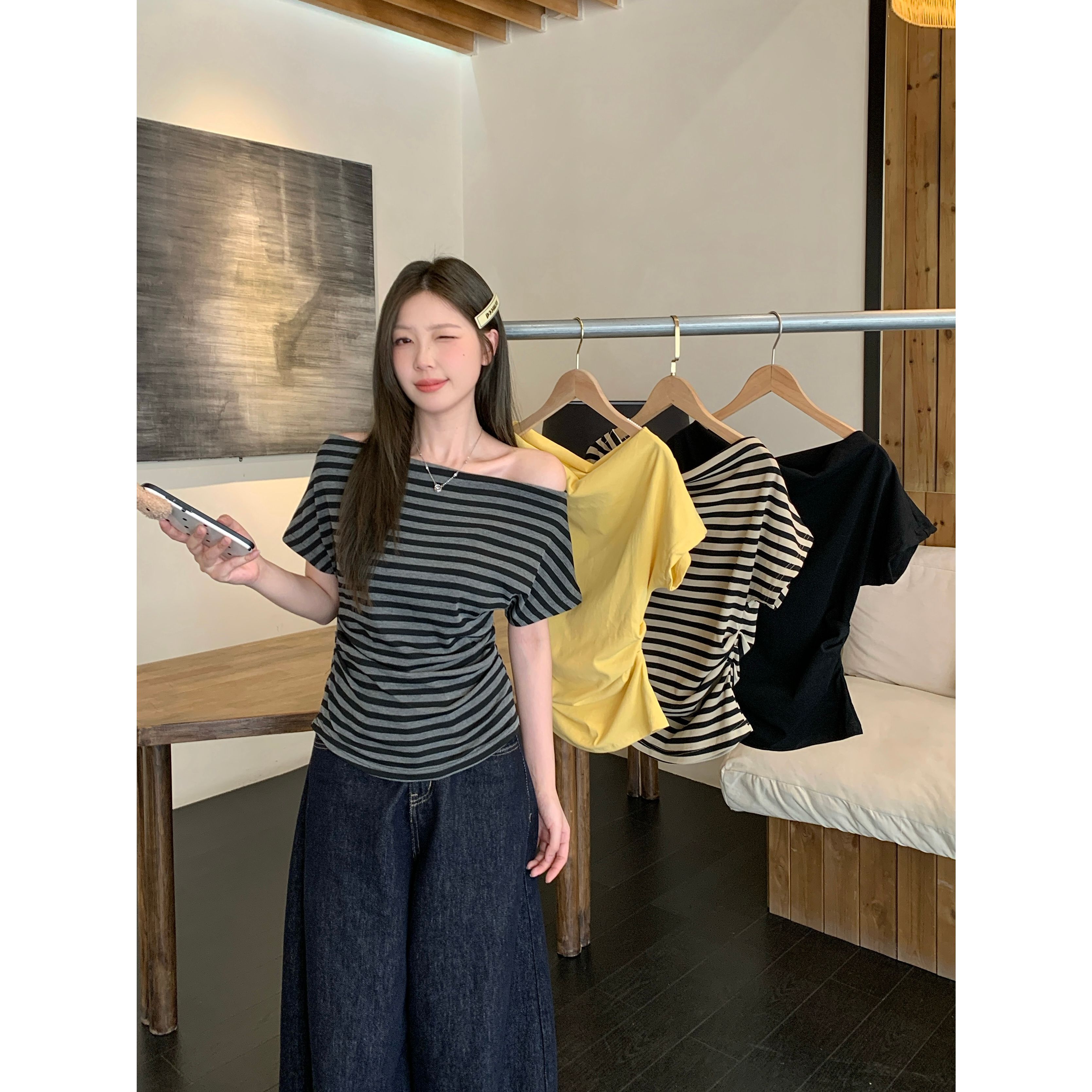 实拍 大码纯欲辣妹风一字肩斜肩多种穿法短袖褶皱收腰显瘦上衣T恤