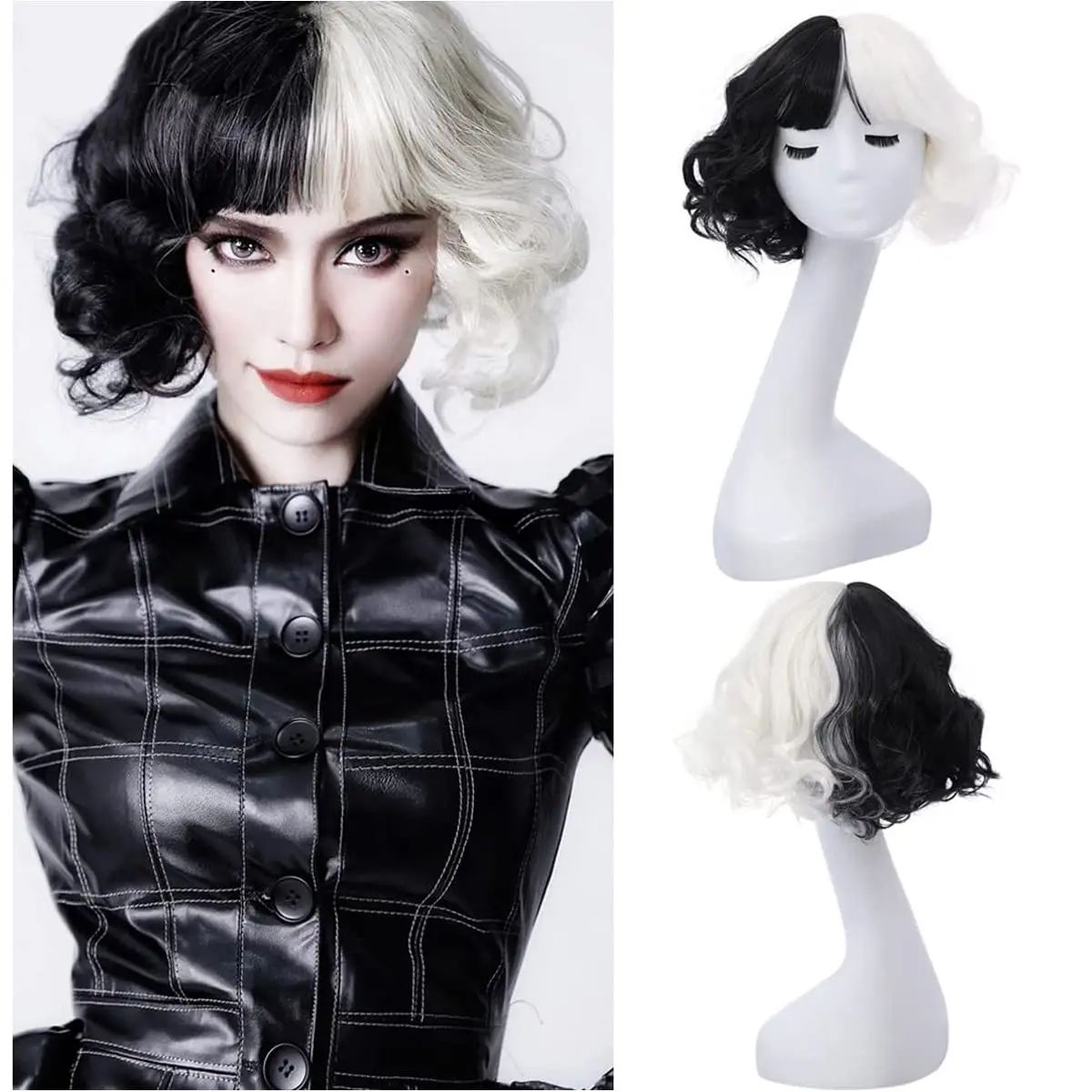 CRUELLA de Vil Half Black White Wig with Bangs Black and Whi