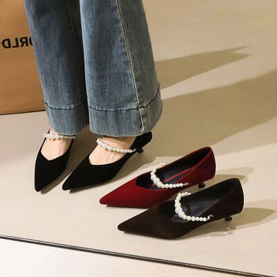Elegant Velvet Pointed Toe Kitten Heels With Pearl Ankle Str