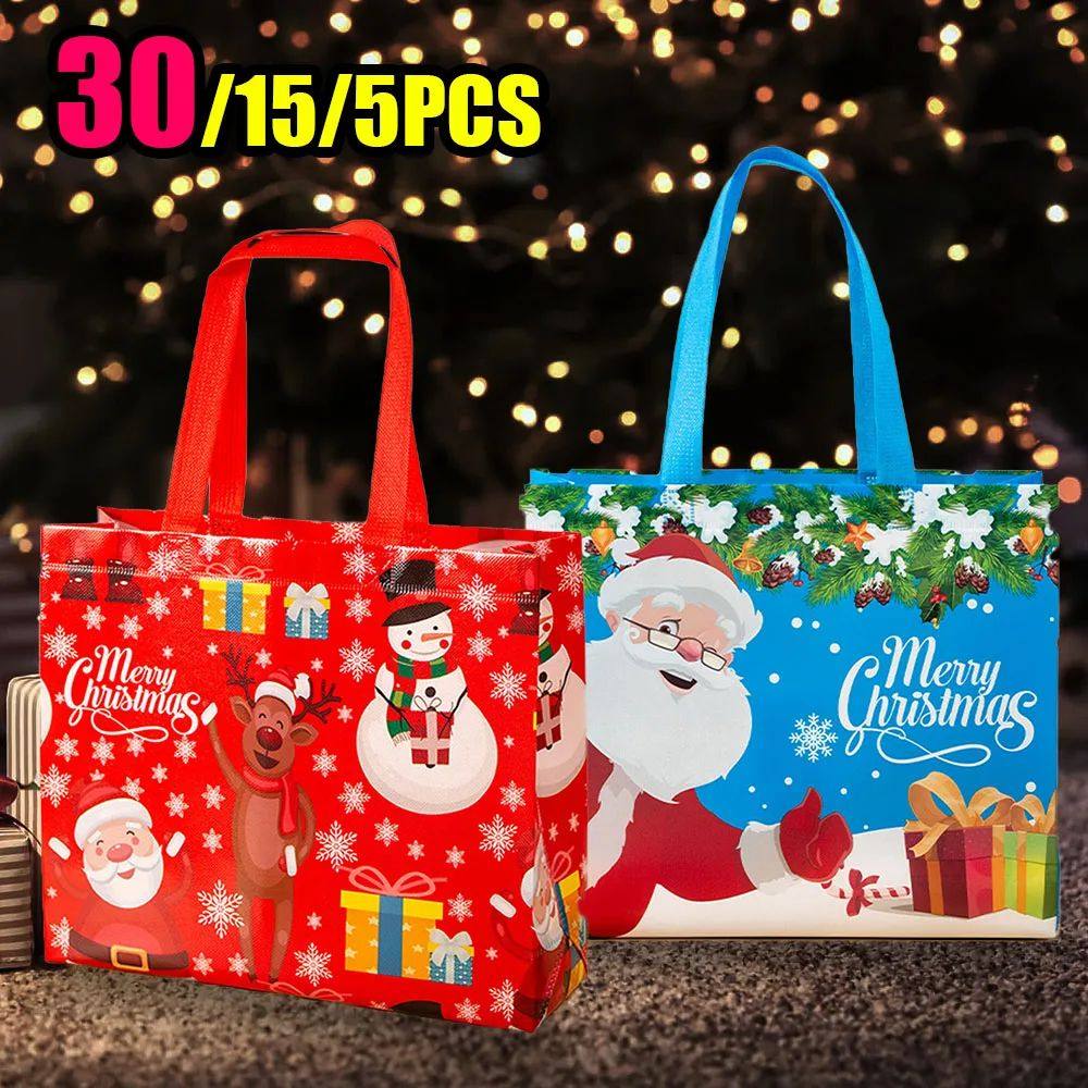30PCS Santa Elk Snowflake Tote Bag Christmas Gift Bags Thick
