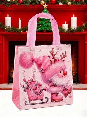 Santa Claus Shopping Bag Pink Cute Christmas Tote Non-Woven