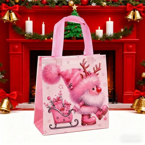 Santa Claus Shopping Bag Pink Cute Christmas Tote Non-Woven