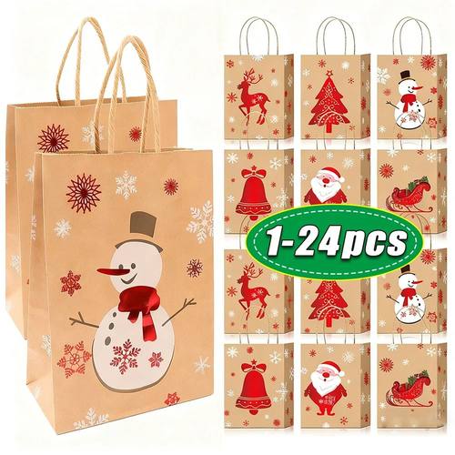 1-24Pcs Creative Christmas Themed Gift Bags Durable Kraft Pa