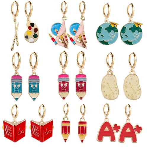 New Teachers'Day Earrings Pencil Book Ruler globe Pendant Cr