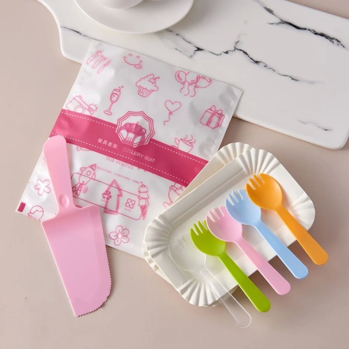 Three-In-One Cake Knife, Fork and Spoon Set, Disposable Dinn