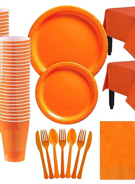 Orange Party Set Disposable Plastic Plate Cup and Napkin Tab