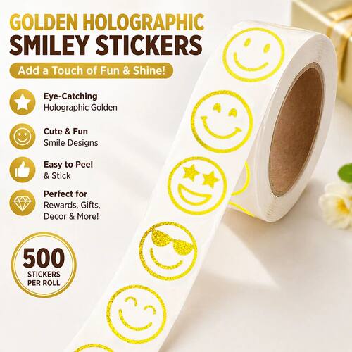 500 Pcs Foil Golden Holographic Face Stickers Roll Shiny Rou