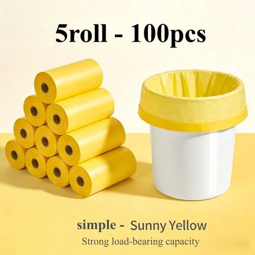 5 Rolls 100Pcs Yellow Thick Garbage Bags Leakproof Odor Resi