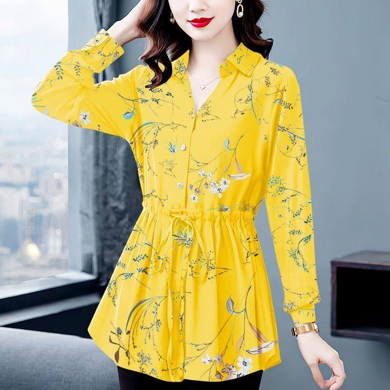 衬衫女2023夏季新款洋气减龄中长款T恤上衣V领雪纺衫中年妈妈小衫