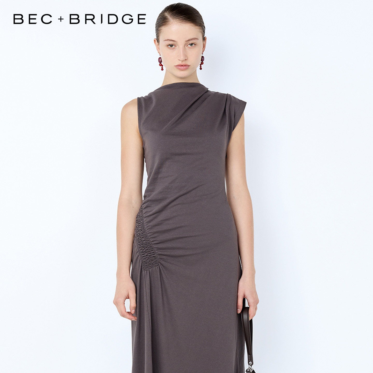 BECBRIDGE EMA不对称领口裙摆抽褶拼接日常百搭连衣裙 A26-13370