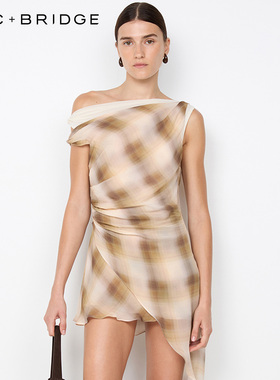 BECBRIDGE ELIANA双色格纹印花不对称网纱内衬褶皱短裙H25-13166P