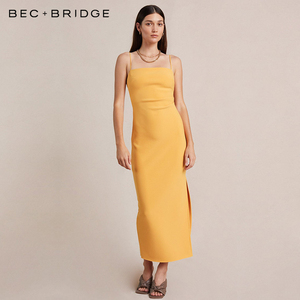 BECBRIDGE CAMMI肯豆同款显瘦褶皱气质修身长款连衣裙