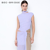 BECBRIDGE CONNI拼接露腰不对称挂脖拼色扭结网纱连衣裙H25 13163