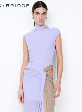 BECBRIDGE CONNI拼接露腰不对称挂脖拼色扭结网纱连衣裙H25-13163