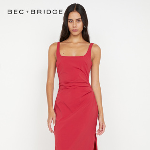 BECBRIDGE DANTE 宽吊带方领褶皱修身开衩长款连衣裙 S25-12981