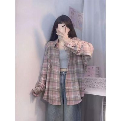 初秋新款女装外套衬衫2024美式格子港风复古上衣宽松长袖慵懒风