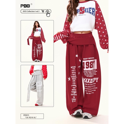 PBB美式复古斑驳字母印花酒红色休闲裤女高腰绑带设计感弯刀卫裤