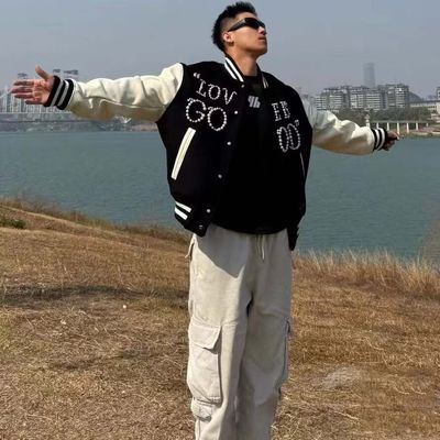 GOODBRAND美式珍珠棒球服拼接外套男女早春情侣宽松飞行夹克