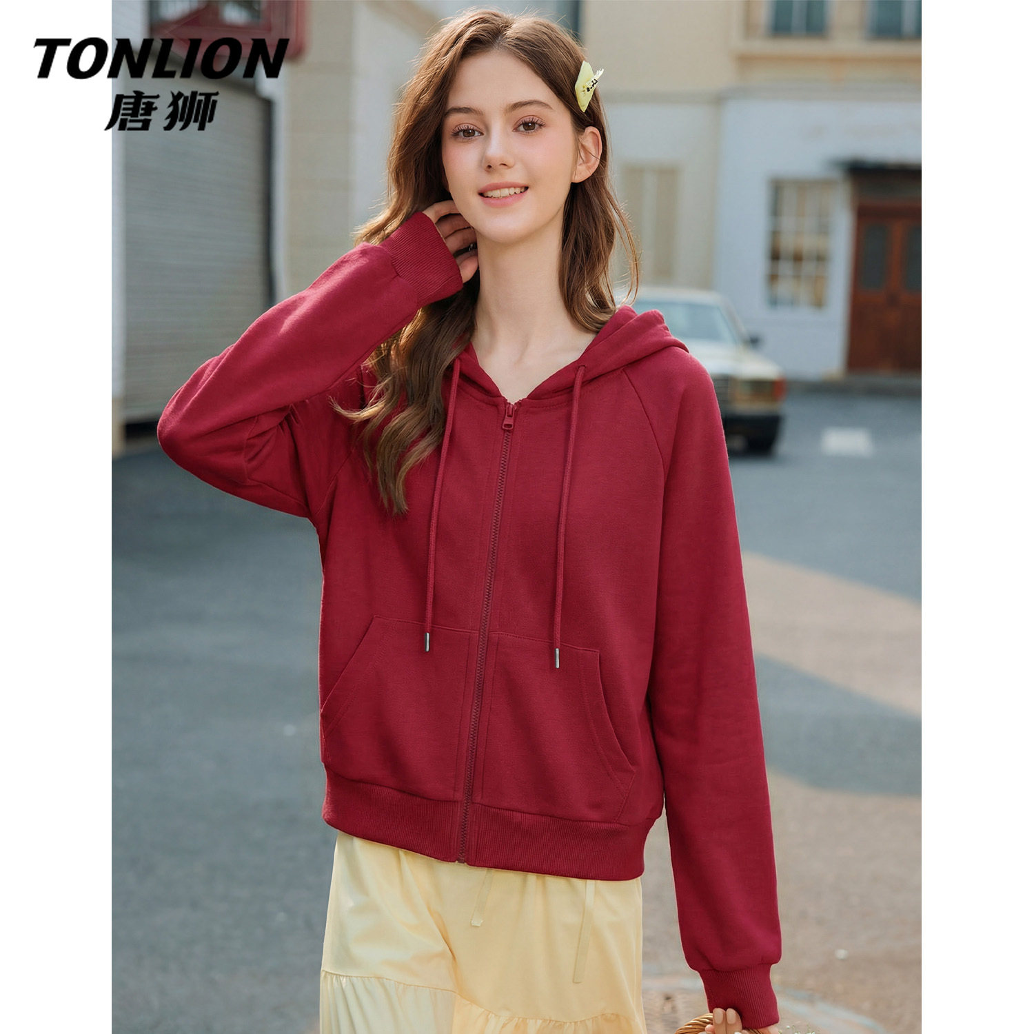 唐狮官方连帽卫衣外套女春秋款2026新款女款宽松短款开衫上衣女V